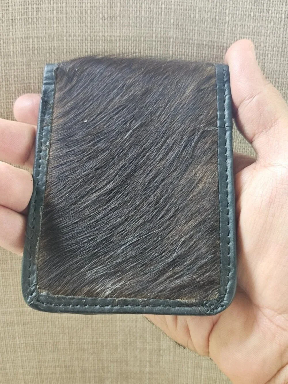 Fur Billfold Wallet Black Genuine Leather Real Fur Hair Cardholder Handmade
